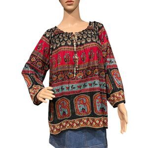 WORLD MARKET Women's Blouse BOHO Multicolor Floral Elastic Neck L/XL
